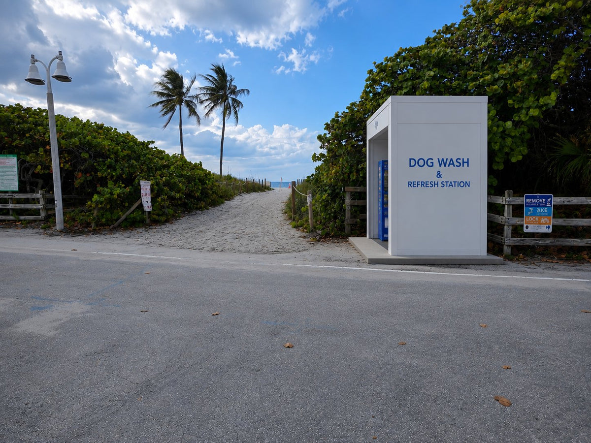 Dog wash and refresh station at a beach path, for rinsing paws after a walk