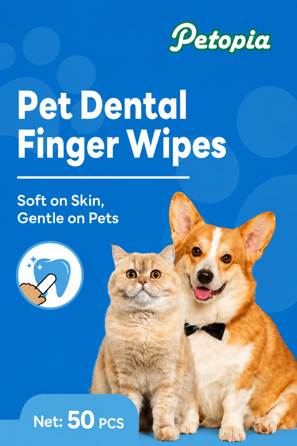 Pet Dental Finger Wipes packaging featuring a cat and corgi, emphasizing easy dental care for pets.
