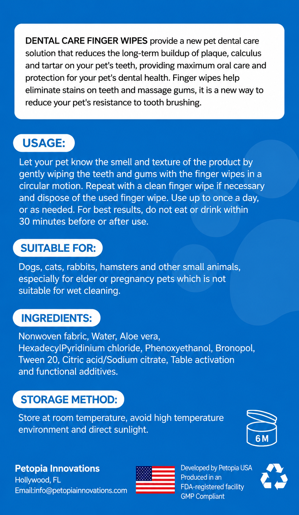 Pet Dental Finger Wipes package with usage instructions for effective pet oral care and hygiene.