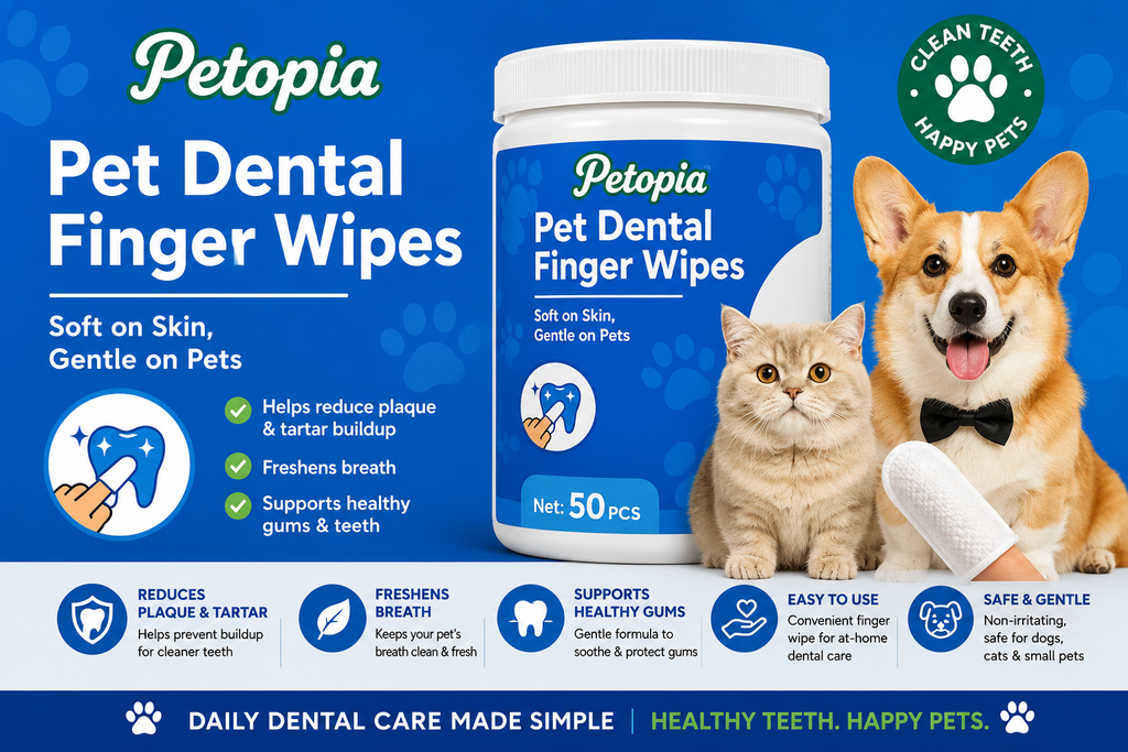 Pet Dental Finger Wipes packaging with a cute cat and dog, promoting dental health for pets.