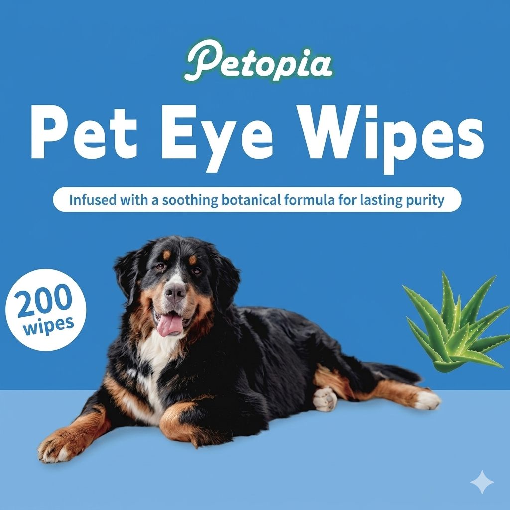 Pet Eye Wipes packaging with a dog, highlighting 200 wipes infused with botanical formula for pet care.