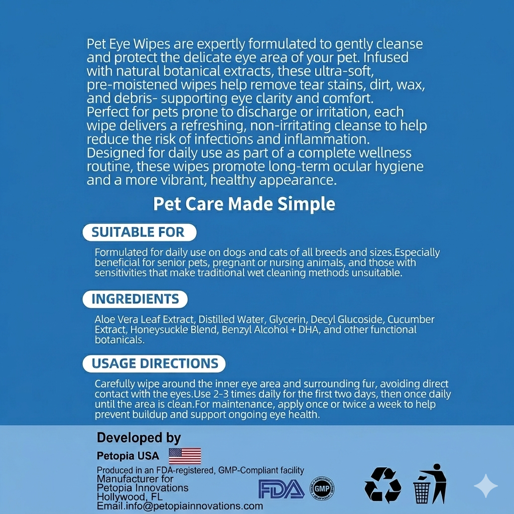 Pet Eye Wipes packaging with a dog, highlighting 200 wipes infused with botanical formula for pet care.