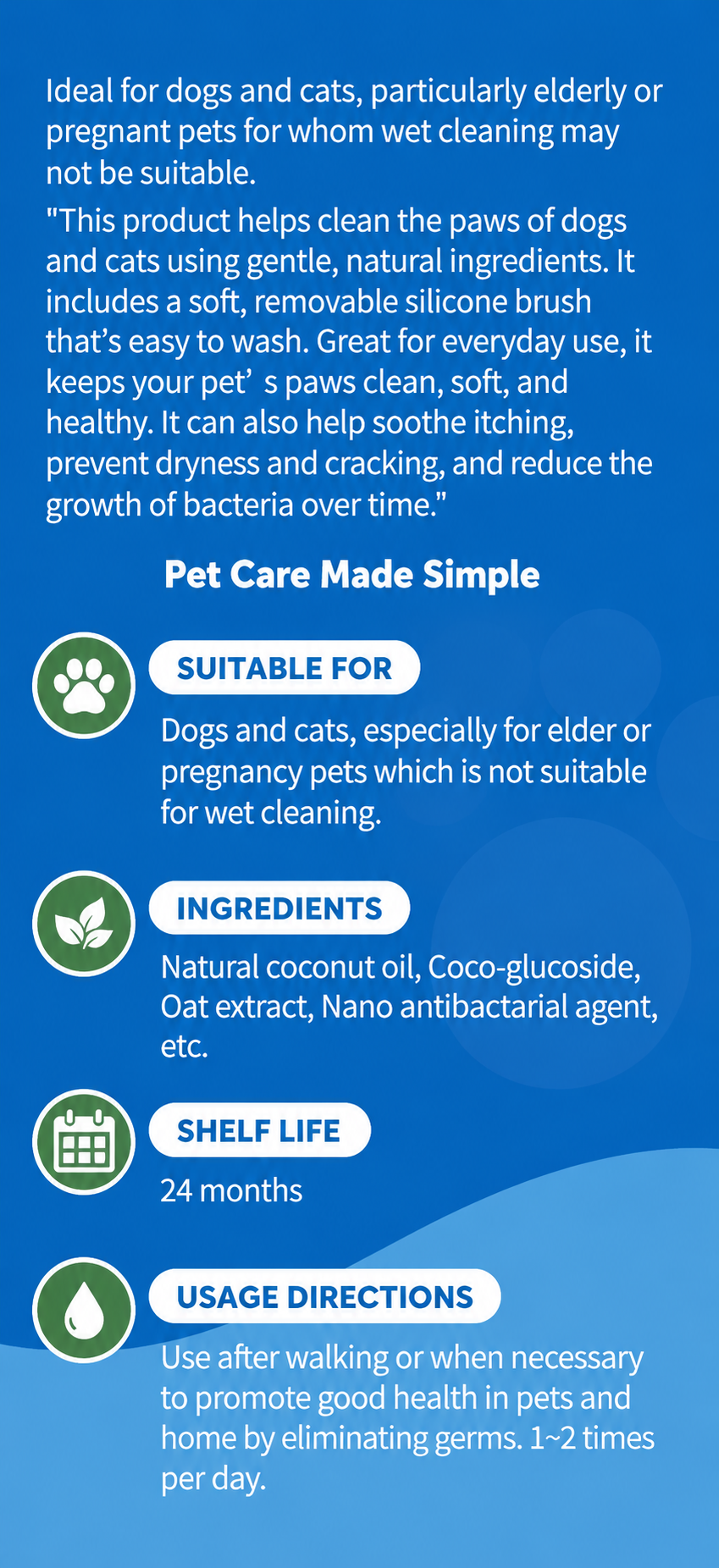 Pet Paw Cleaner details highlighting its suitability, ingredients, shelf life, and usage directions for pet care.