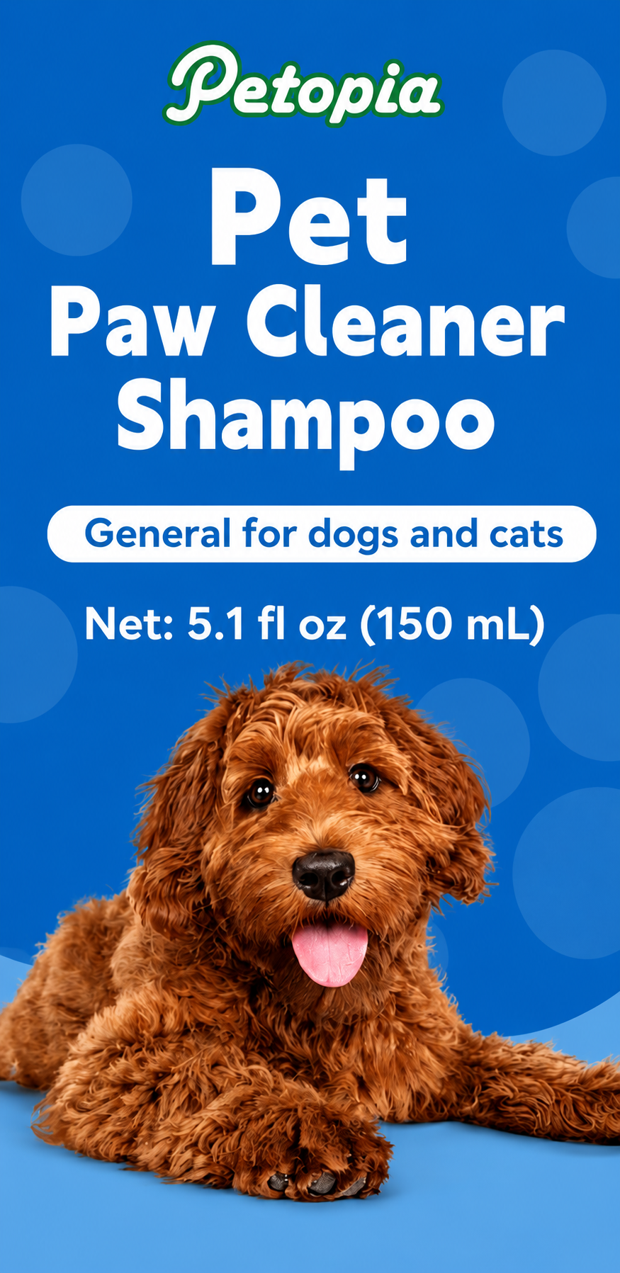 Pet Paw Cleaner Shampoo for dogs and cats in a 5.1 fl oz bottle by Petopia with a brown dog.