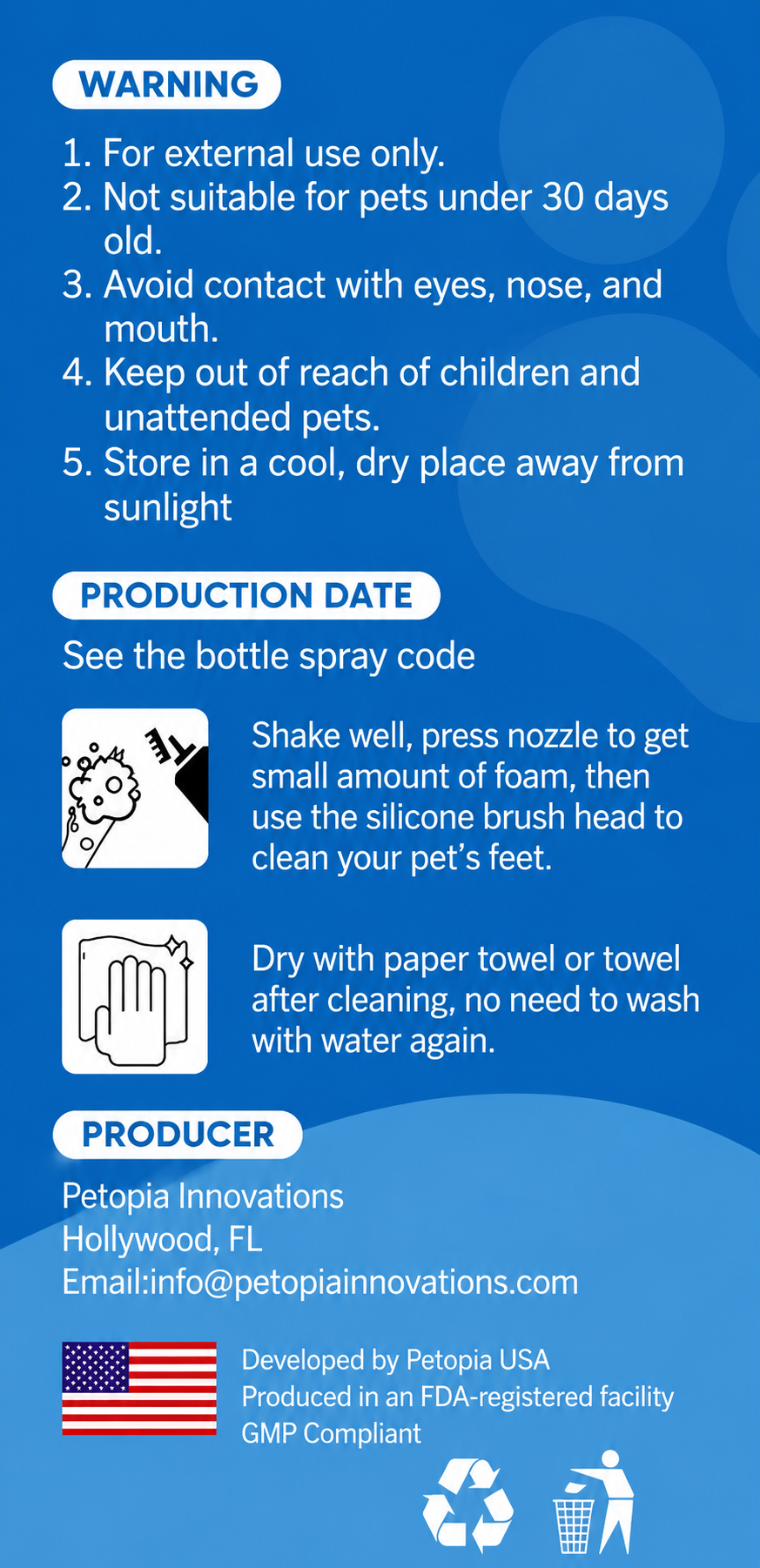 Pet Paw Cleaner instructions and warnings for safe use and maintenance of portable dog and cat foot washer.