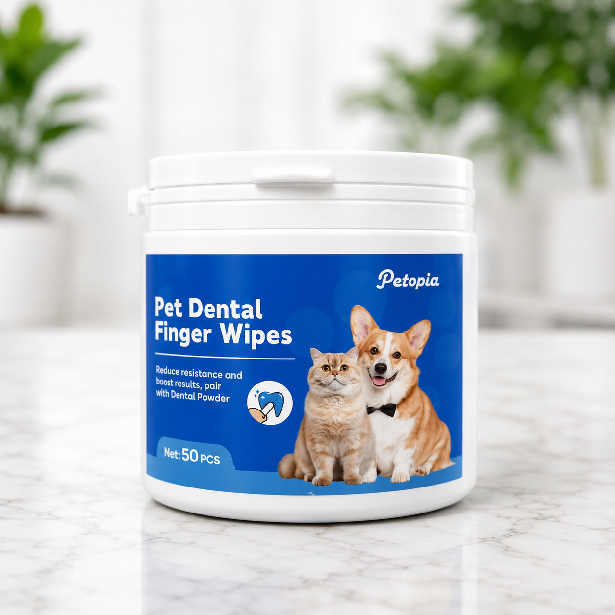 Pet Dental Finger Wipes container with a cat and dog, featured for effective dental care and fresh breath.