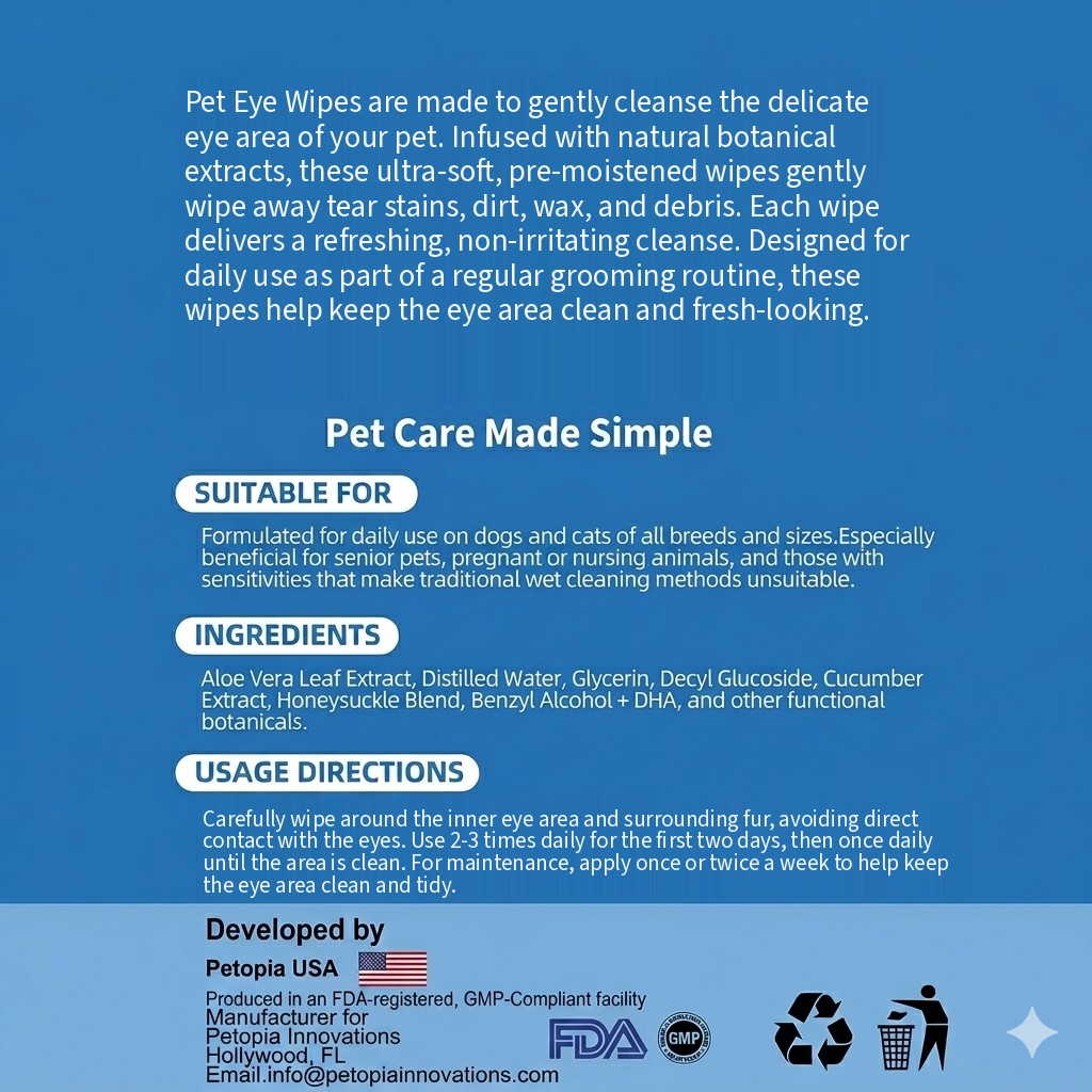 Petopia Pet Eye Wipes description, ingredients and usage directions for gently wiping away tear stains
